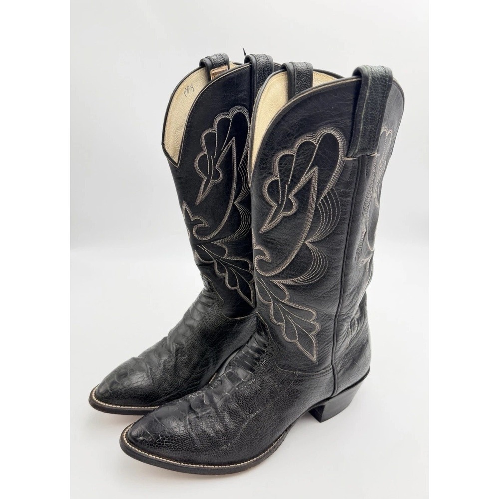 Vintage Hondo Ostrich Leg 9.5 D Cowboy Boots Mens  Black Leather Western